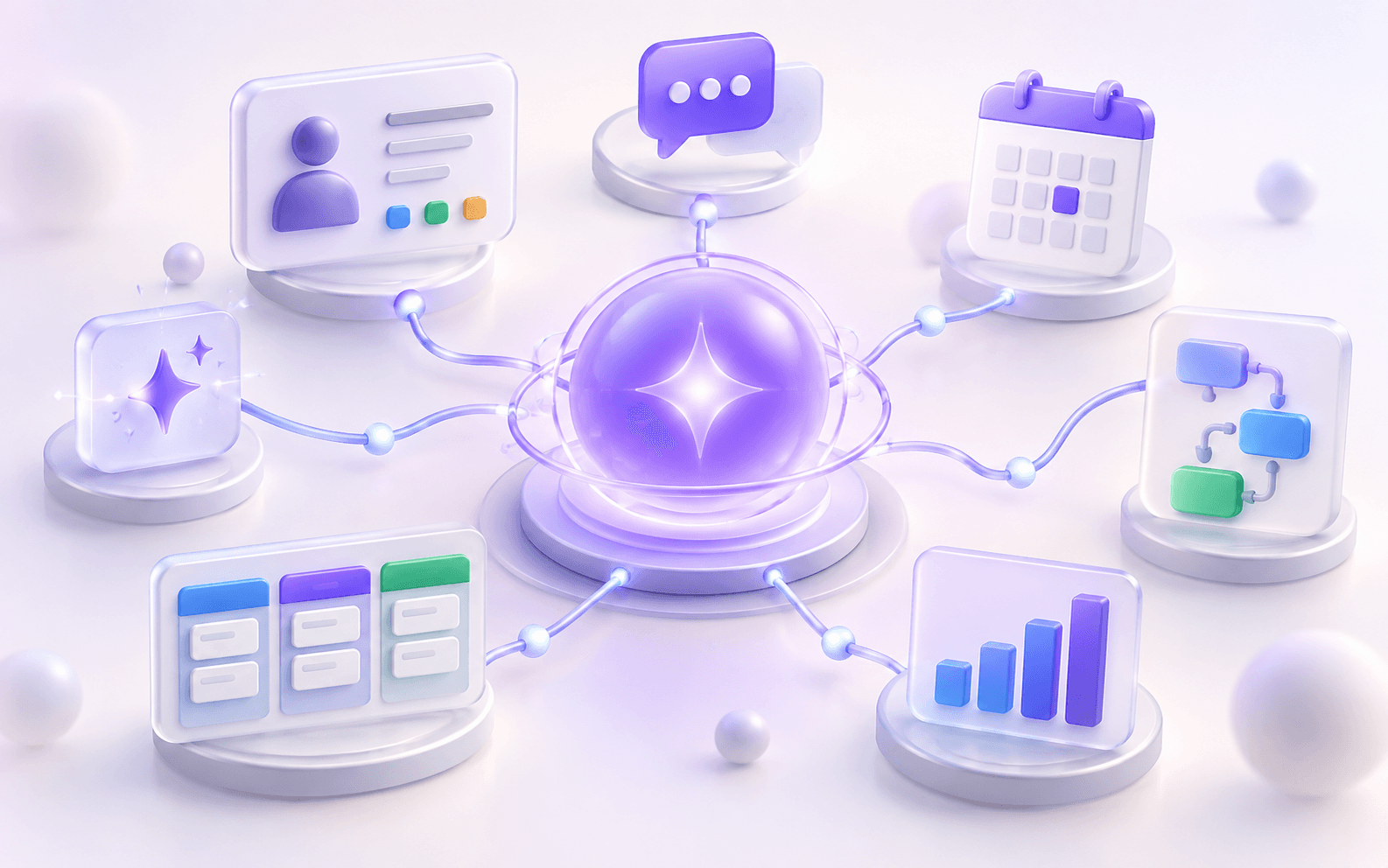 Illustration of customer records, conversations, calendars, workflows, pipelines, reporting, and AI connected around one operating system