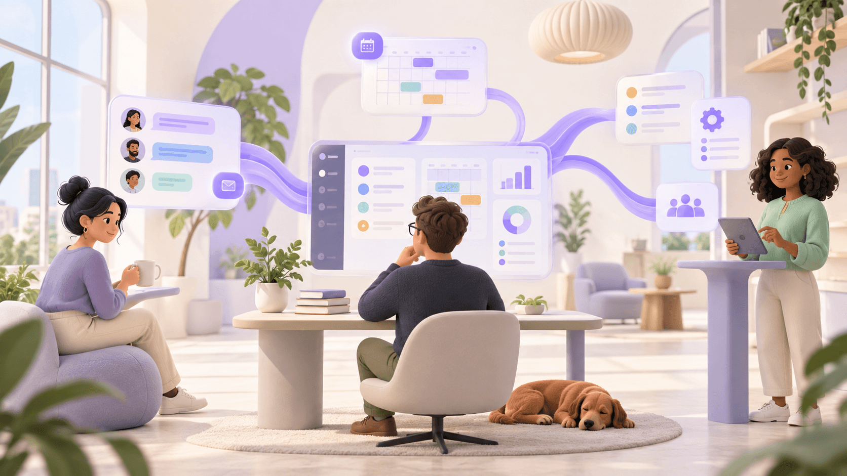 Illustration of a team coordinating customer communication, schedules, and operations through a shared workspace